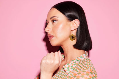 Daffy Earrings - Frosted Clear Olive + Gold Mirror