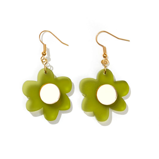 Daffy Earrings - Frosted Clear Olive + Gold Mirror