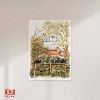 Brush Turkey & Lavender Street View- A4 Fine Art Print by Raisa Kross
