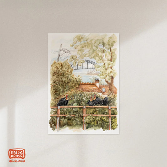 Brush Turkey & Lavender Street View- A4 Fine Art Print by Raisa Kross
