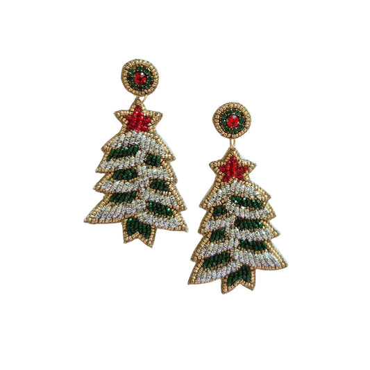 Festive Snowy Beaded Christmas Tree Earrings