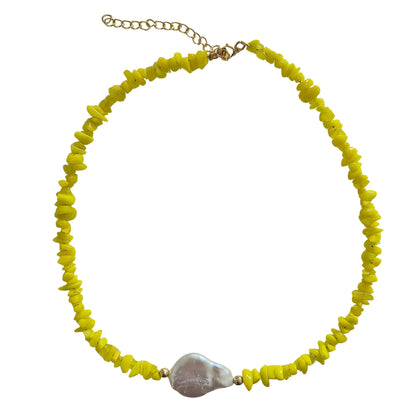 Yellow Glass Bead Necklace with Freshwater Pearl
