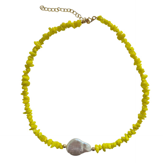 Yellow Glass Bead Necklace with Freshwater Pearl