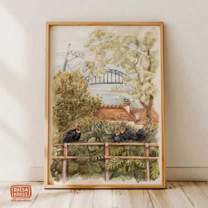 Brush Turkey & Lavender Street View- A4 Fine Art Print by Raisa Kross